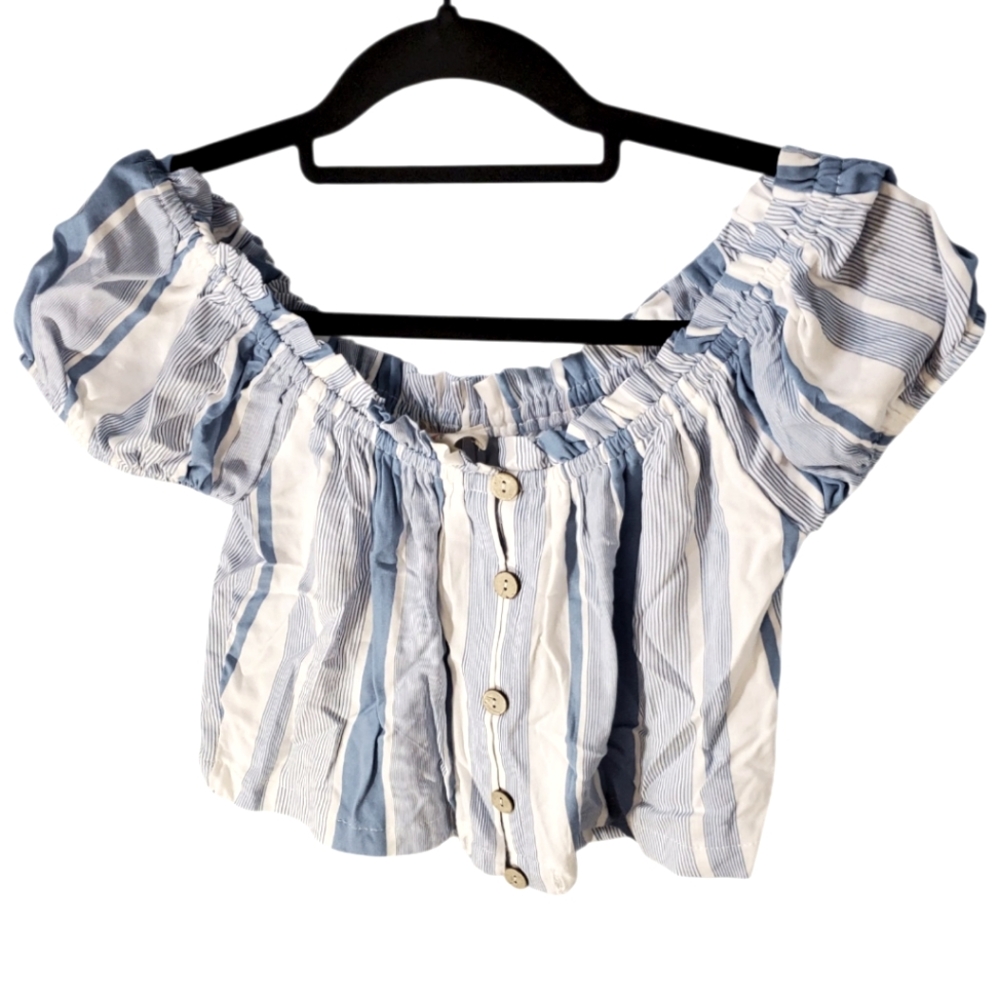 Olive & Grey Blue White Striped Off-Shoulder Women's Top Size Small